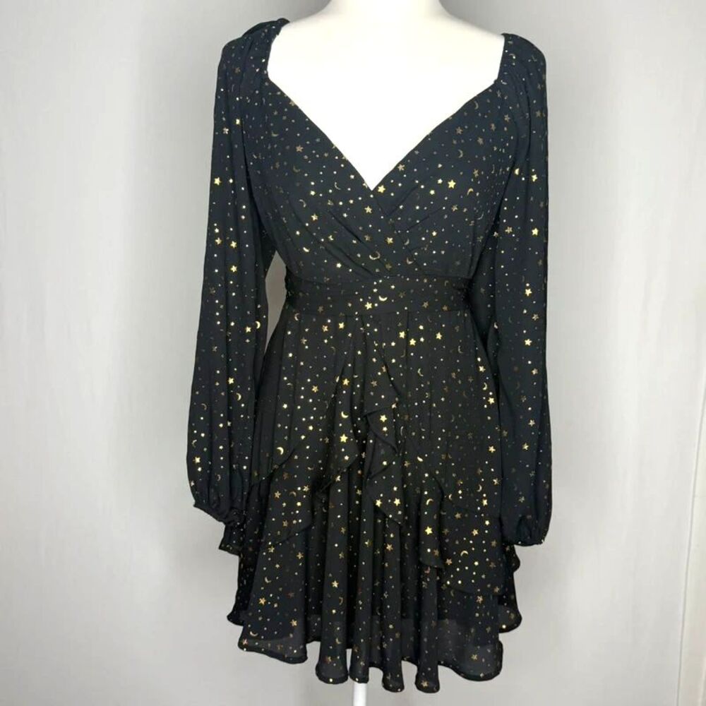 Whimsigoth witchy and gold star and moon print mini dress